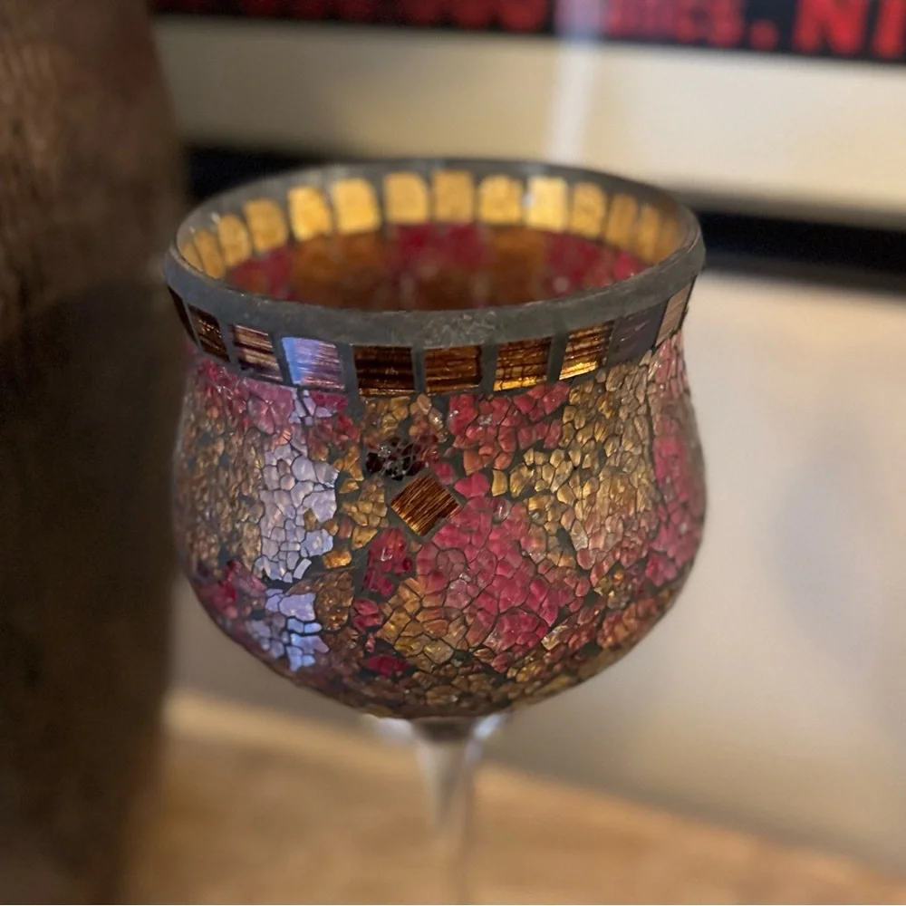 Pier 1 Large Mosaic Stain Glass Pedestal candle Holders - vintage Y2K